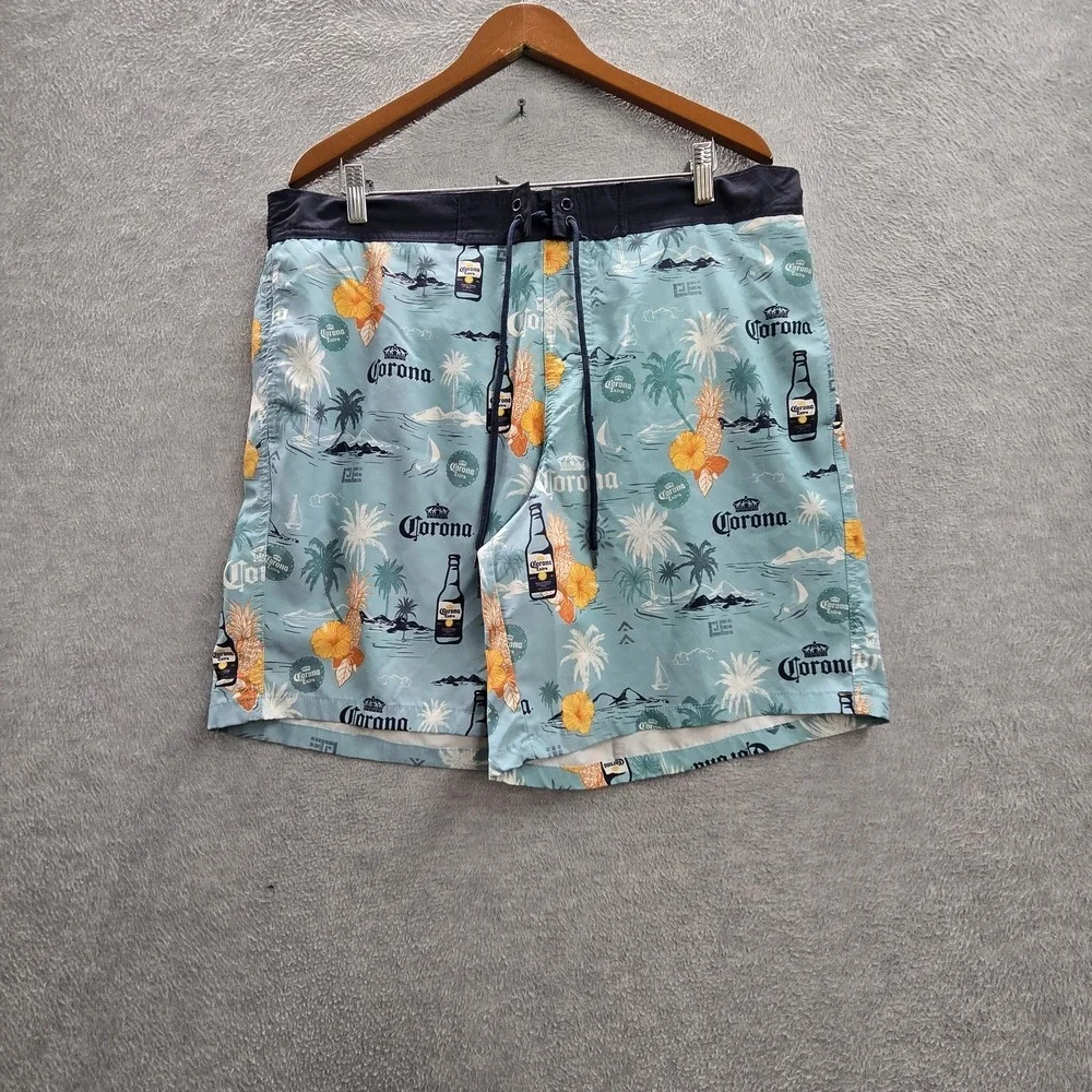 Corona Men Shorts XL  Blue Graphic Swimwear Beer Bottles‎ Tropical Swim Trunks